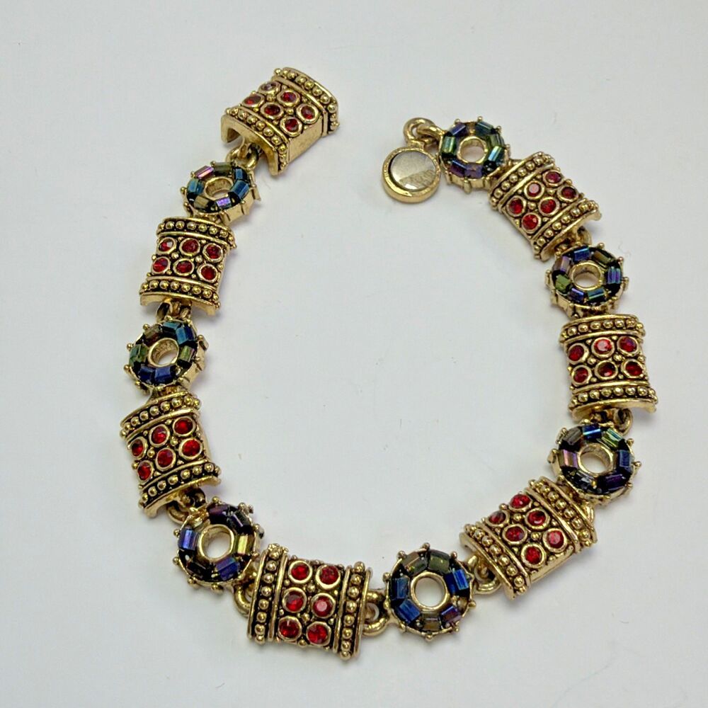 Vintage Style Gold Tone Bracelet Red Rhinestone AB Crystal Byzantine Statement
